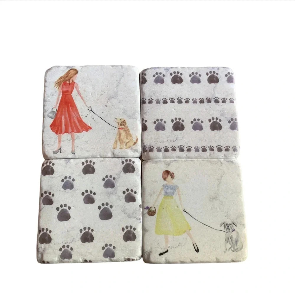4 Dog Puppy Paw Print Stone Tile Coasters
